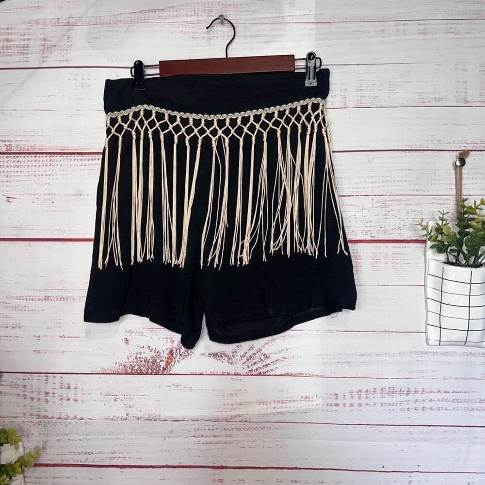 High Waisted Gauze Black Fringe Shorts | Women’s Large